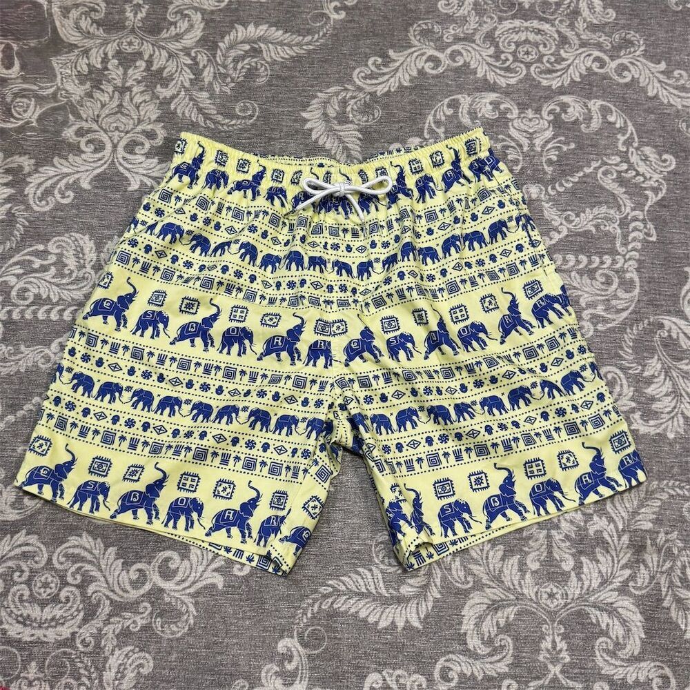 Boardies Men's Swim Trunks L Yellow Blue Elephant Print Quick-Dry Shorts
